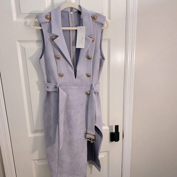 Hego Sleeveless Blazer Dress Gray XL Gold Buttons Belted High Slit Sexy NWT - Picture 10 of 11